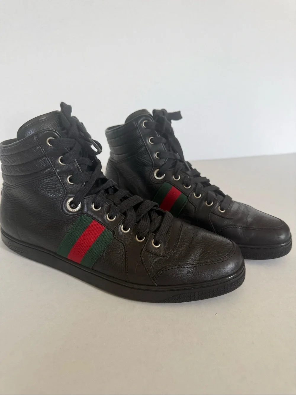 Gucci Black Leather Web High Top Sneakers